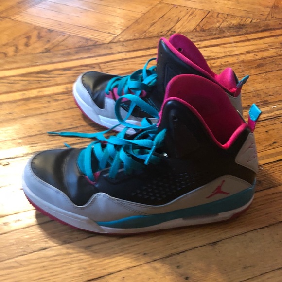 white teal and pink jordans